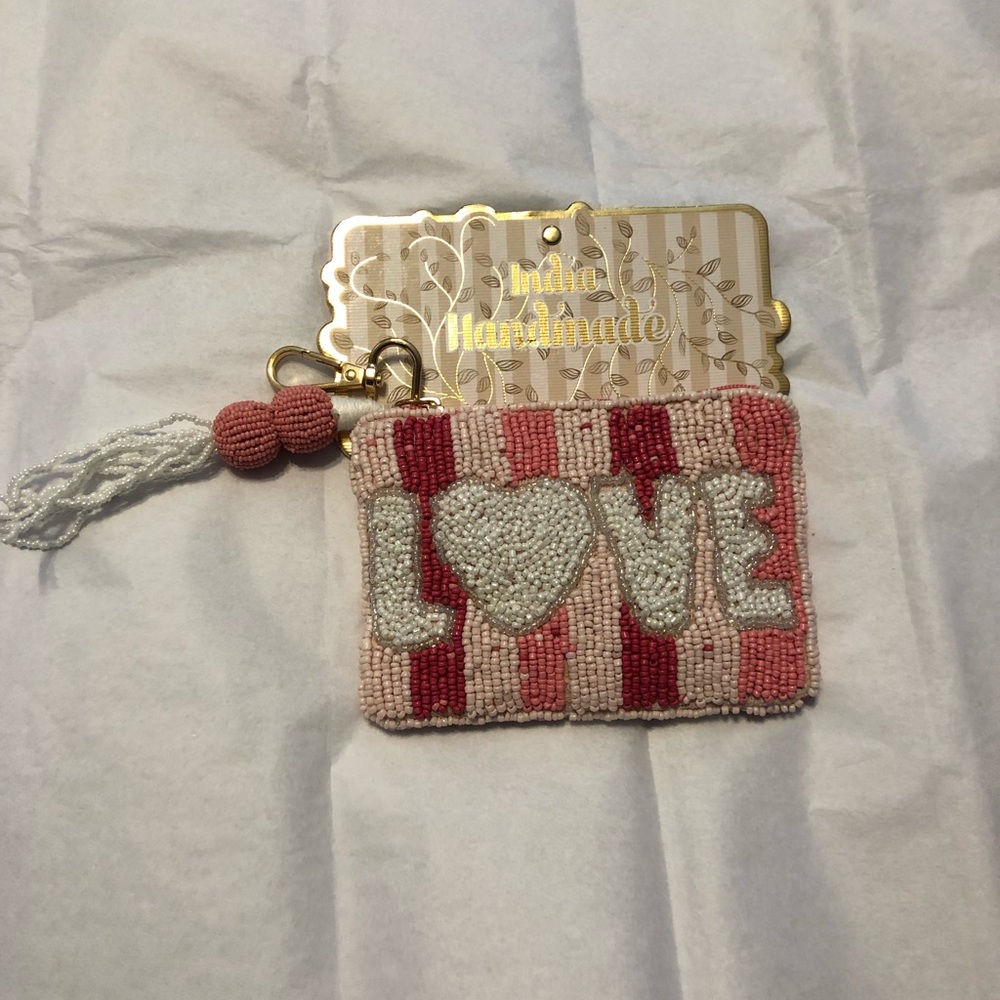 New Wandering Moon Pink Love Purse Beaded 3.5 X 5 in